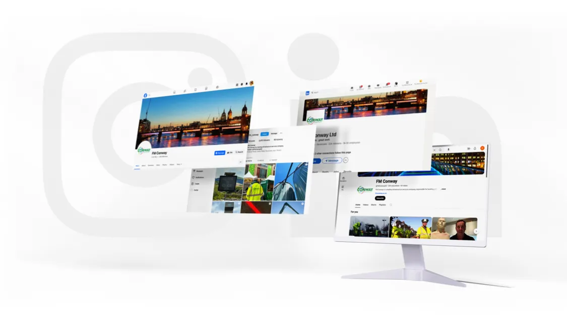 Multiple screens highlighting FM Conway's social pages