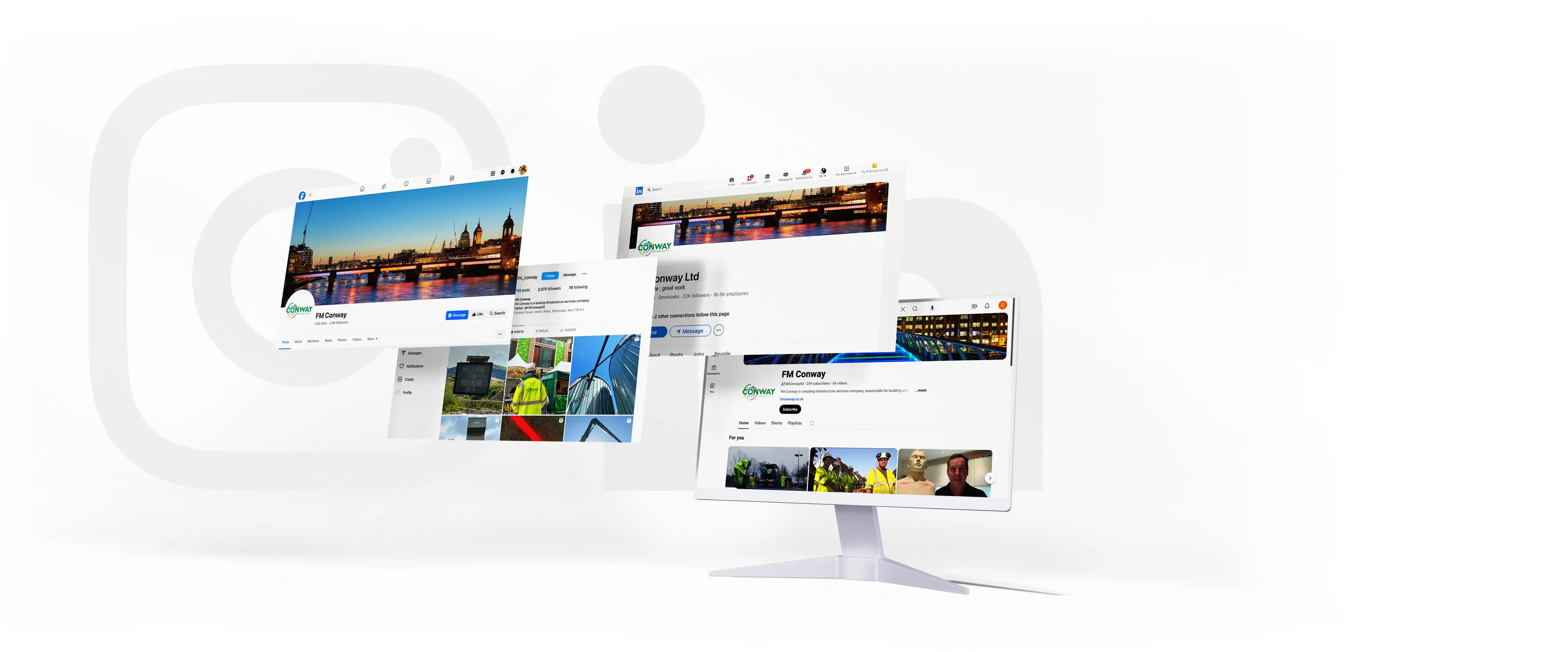 Multiple screens highlighting FM Conway's social pages